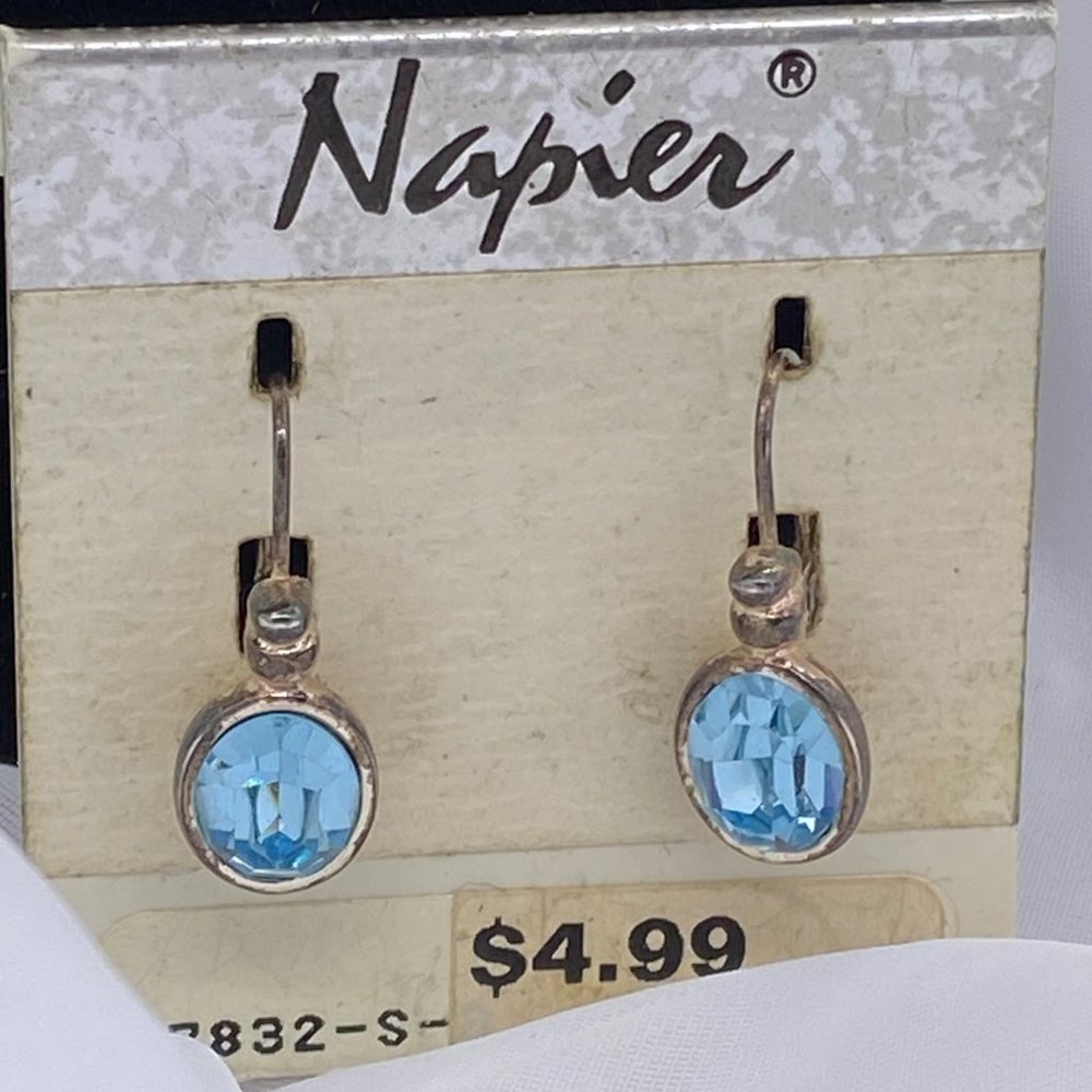 Jewelry Vintage Napier Sky Blue Rhinestones Hook Earrings One Inch Drop